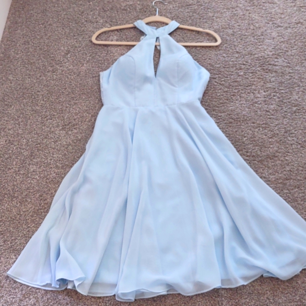 Baby blue, A-line, lace open back, knee length dress, size 2